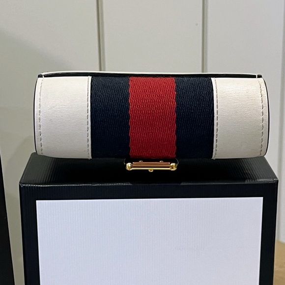 AUTHENTIC Full Set GUCCI SYLVIE LEATHER WALLET TRI FOLD WHITE & GOLD - Picture 8 of 12